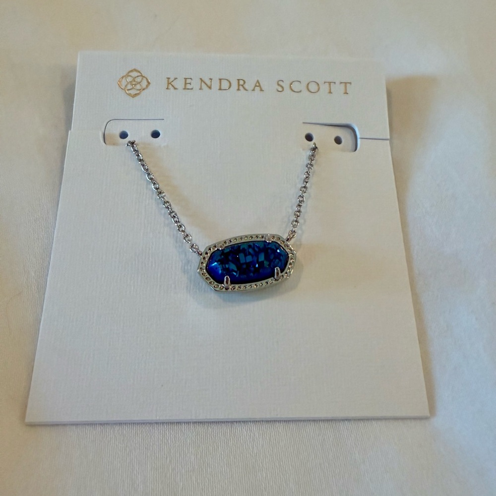 Kendra Scott Elisa Silver Necklace with Blue Drusy Pendant